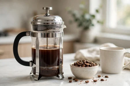 Glass and steel French press filled with rich coffee on a kitchen counter, one of the best French press picks