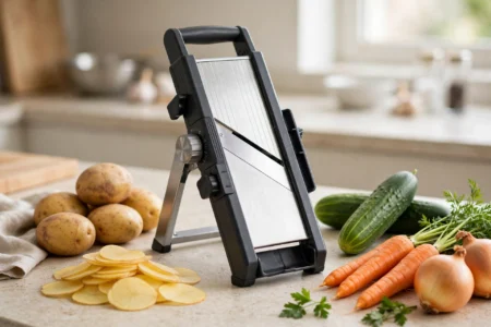 Mandoline slicer on a kitchen counter with fresh vegetables and thin potato slices, one of the best mandoline slicer picks