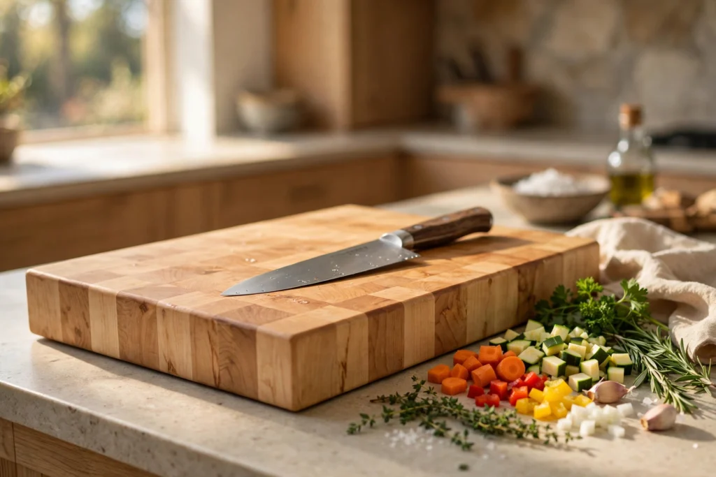 Large maple wood cutting board with a chef knife and chopped vegetables, one of the best cutting board picks