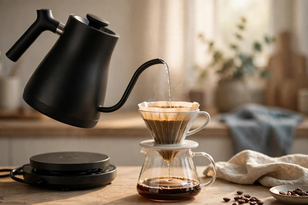 6 Best Gooseneck Kettle Picks for Perfect Pour Over Matte black gooseneck electric kettle pouring a slow stream of water over coffee grounds in a pour over dripper, one of the best gooseneck kettle picks