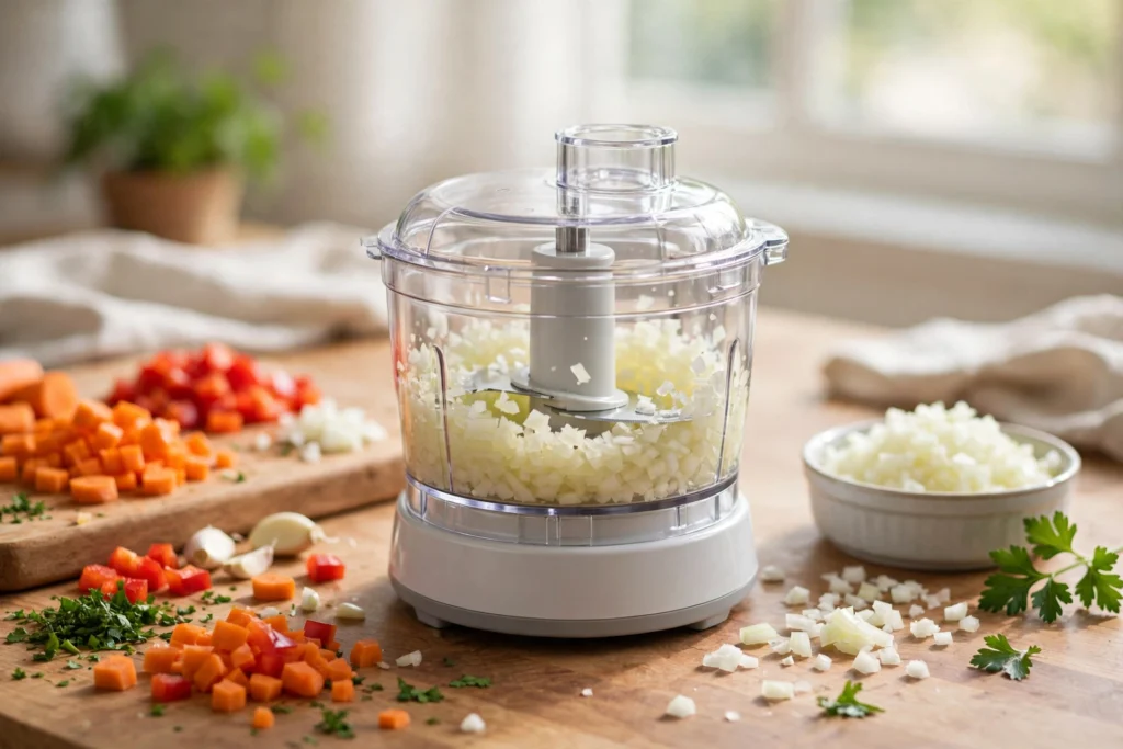 Compact mini food processor chopping onions on a kitchen counter, one of the best mini food processor picks