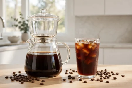Glass cold brew coffee maker pitcher with a tall glass of iced cold brew coffee on a kitchen counter, one of the best cold brew coffee maker picks