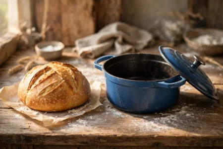 Round enameled cast iron Dutch oven with lid ajar beside a freshly baked golden sourdough loaf on parchment paper, one of the Dutch ovens that bake better sourdough bread at home