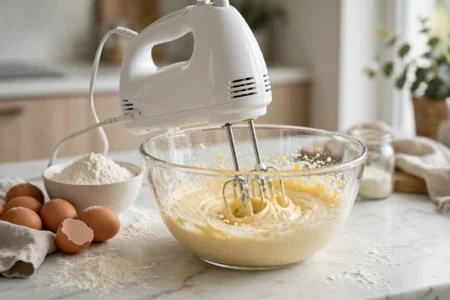 Electric hand mixer beating cake batter in a glass mixing bowl