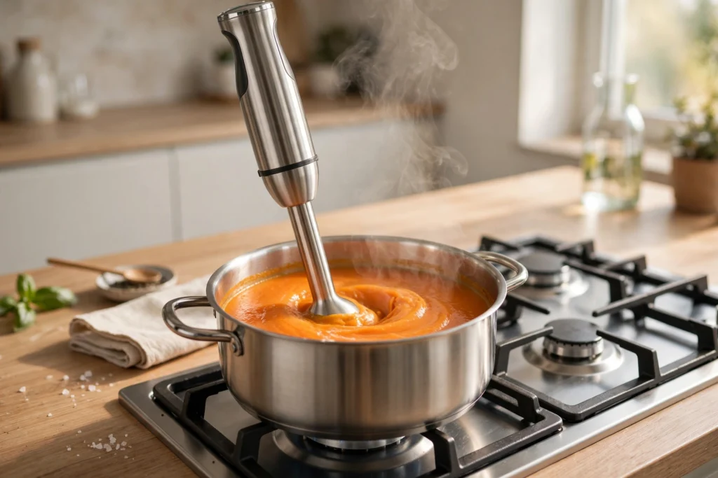 Immersion blender pureeing tomato soup directly in a pot on the stove