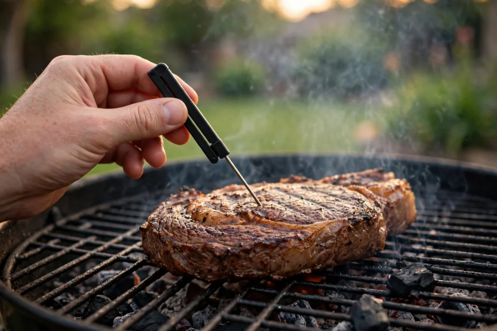 Instant-read meat thermometer checking a grilled steak on a backyard grill