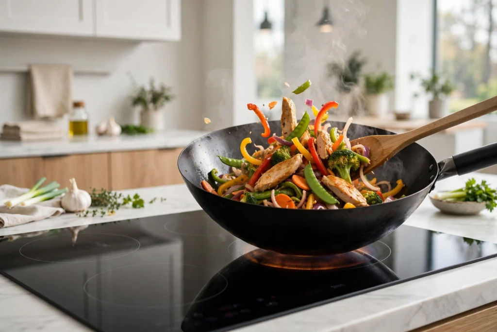 6 Best Woks for Electric Stoves That Sear Like Gas Flat-bottom carbon steel wok stir-frying vegetables on an electric glass-top stove