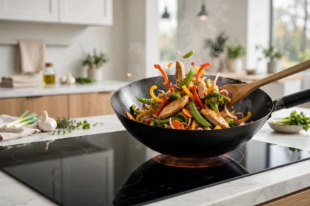 Flat-bottom carbon steel wok stir-frying vegetables on an electric glass-top stove