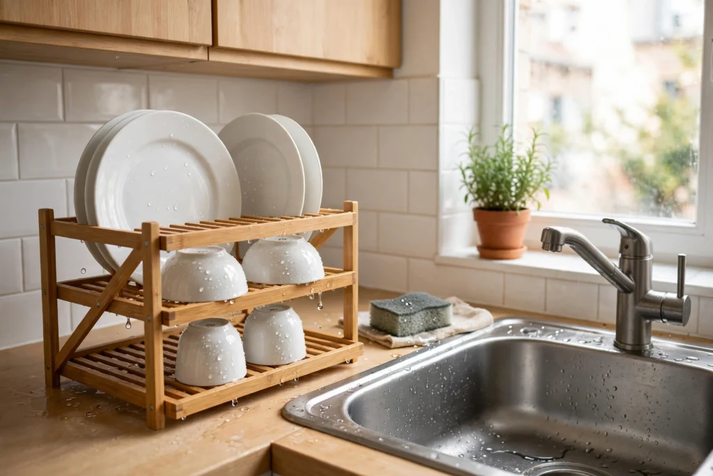 8 Best Dish Drying Racks for Small Kitchens That Save Counter Space Compact dish drying rack with clean plates, bowls and cups drying beside a kitchen sink