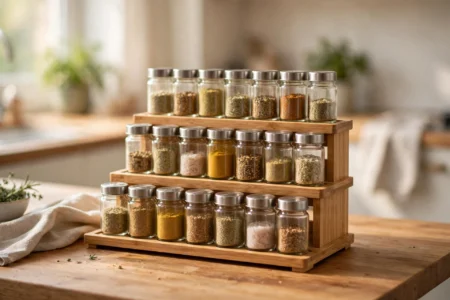 Tiered spice rack organizer with neat rows of glass spice jars on a small kitchen counter