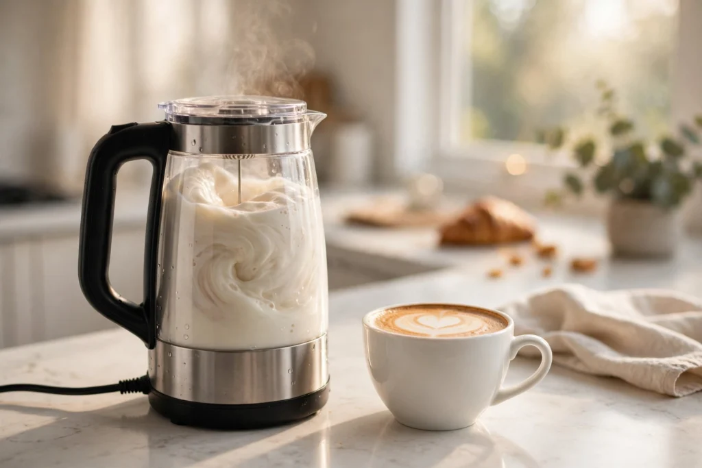 Best milk frother heating and swirling milk on a kitchen counter next to a latte with creamy foam