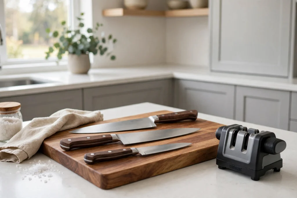 Sharp chef knives on a wooden cutting board with a best knife sharpener pick in a bright modern kitchen.
