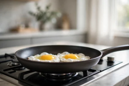 A top-rated best nonstick pan frying two eggs on a modern kitchen stovetop