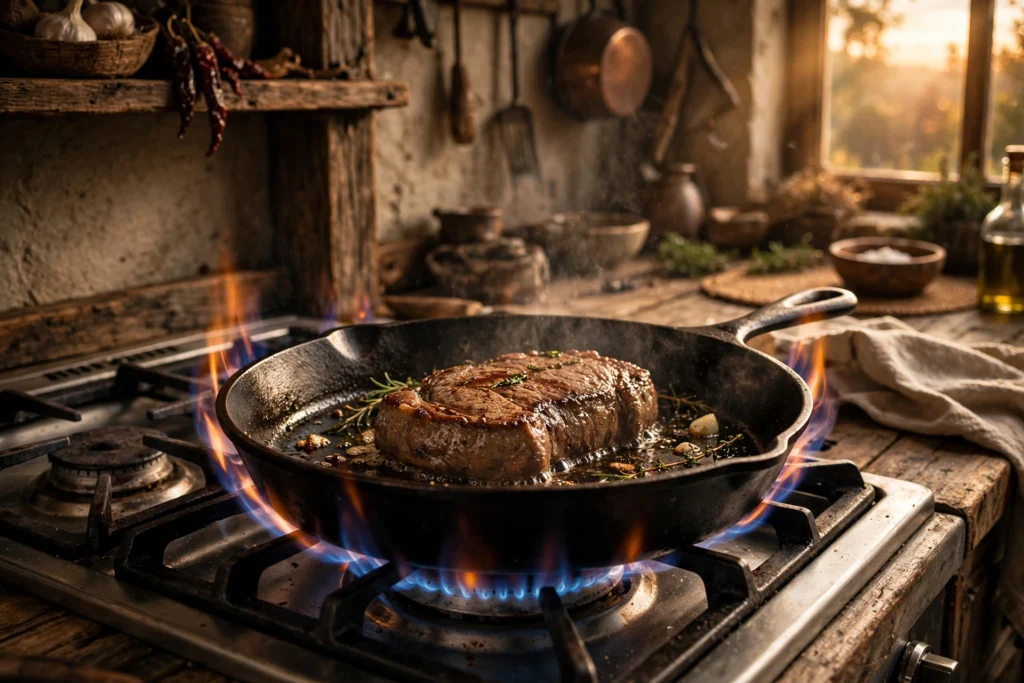 A top-rated best cast iron skillet searing a steak over a gas flame