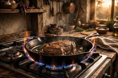A top-rated best cast iron skillet searing a steak over a gas flame