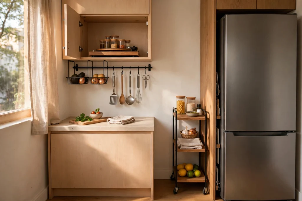 Kitchen Storage Picks for Tiny Apartment Wins Tiny apartment kitchen showing the best kitchen storage picks for small spaces, including a slim rolling cart and wall-mounted storage