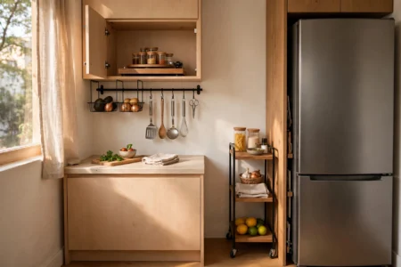 Tiny apartment kitchen showing the best kitchen storage picks for small spaces, including a slim rolling cart and wall-mounted storage