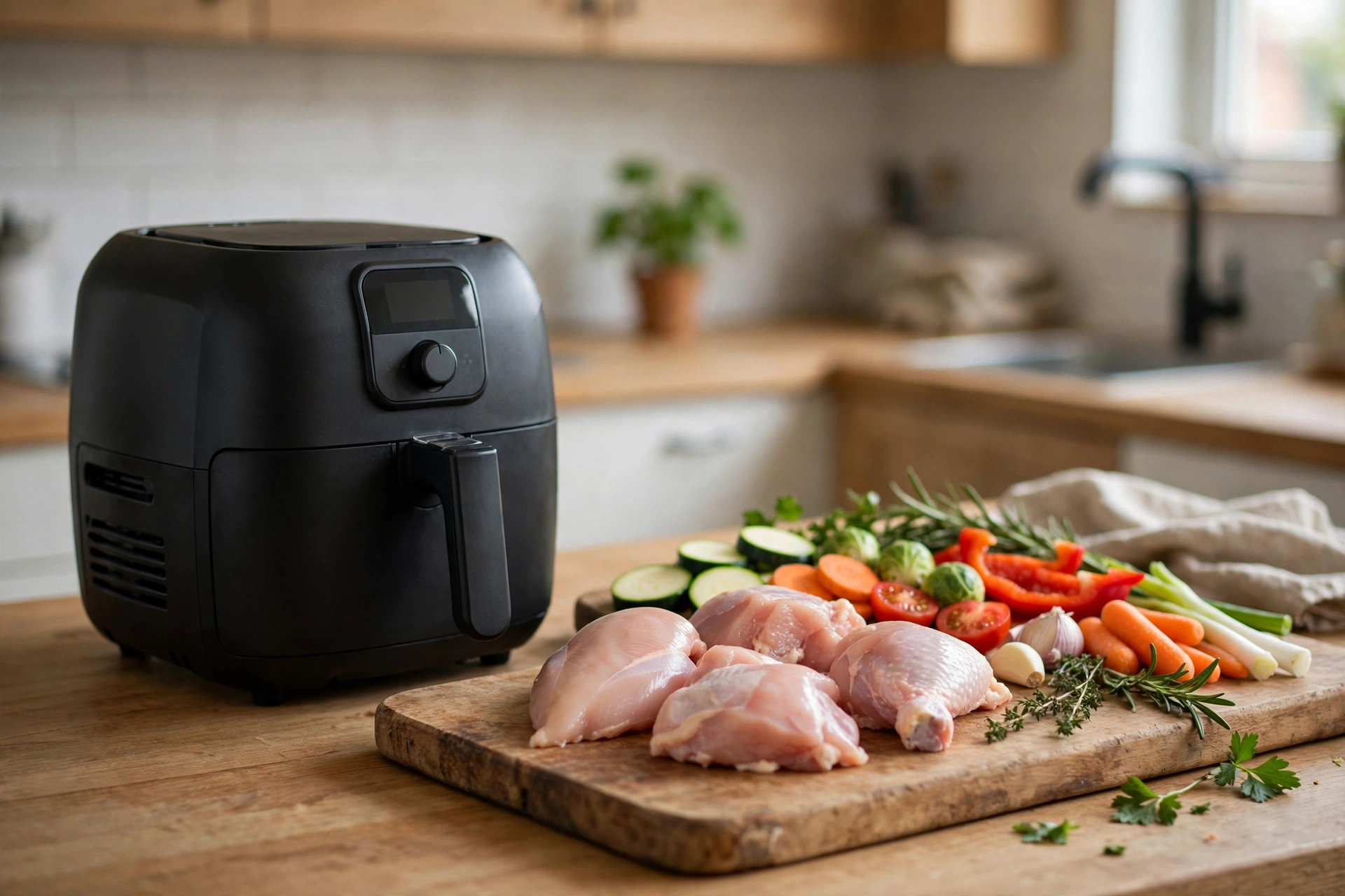 Best air fryer picks for small kitchens: small air fryer beside fresh vegetables on a cutting board