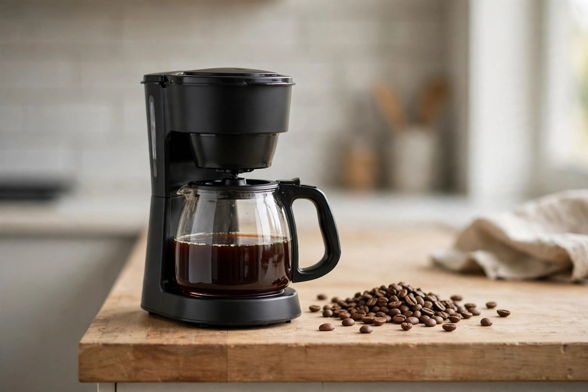 Best compact coffee maker picks: small 5-cup drip coffee maker with glass carafe beside coffee beans