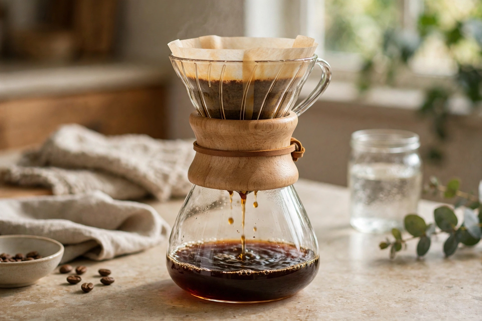 Best pour-over coffee dripper picks for beginners: glass pour-over coffee maker with wooden collar brewing on a counter