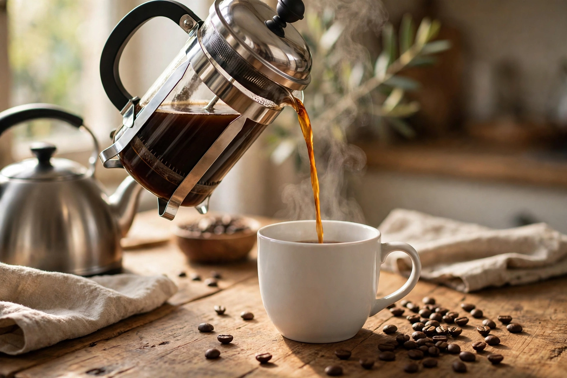 Pouring fresh coffee from a stainless steel French press into a white mug for the best French press picks roundup