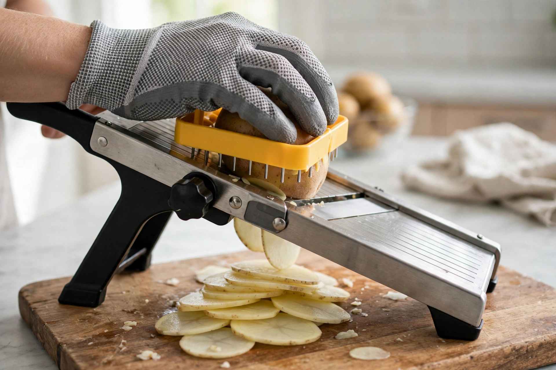 Using a food holder and cut-resistant glove to slice a potato safely on a mandoline slicer, from the best mandoline slicer picks guide