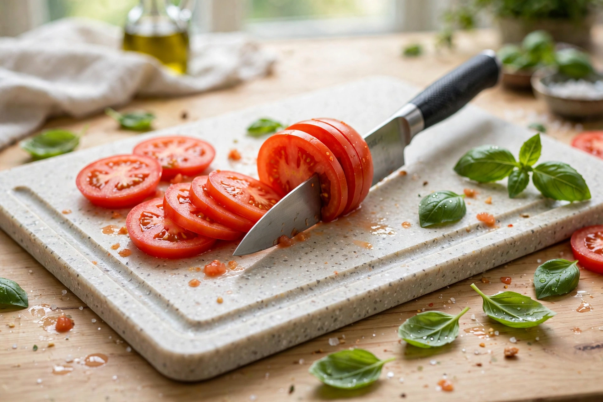Slicing a tomato on a light composite cutting board with a juice groove, from the best cutting board picks guide