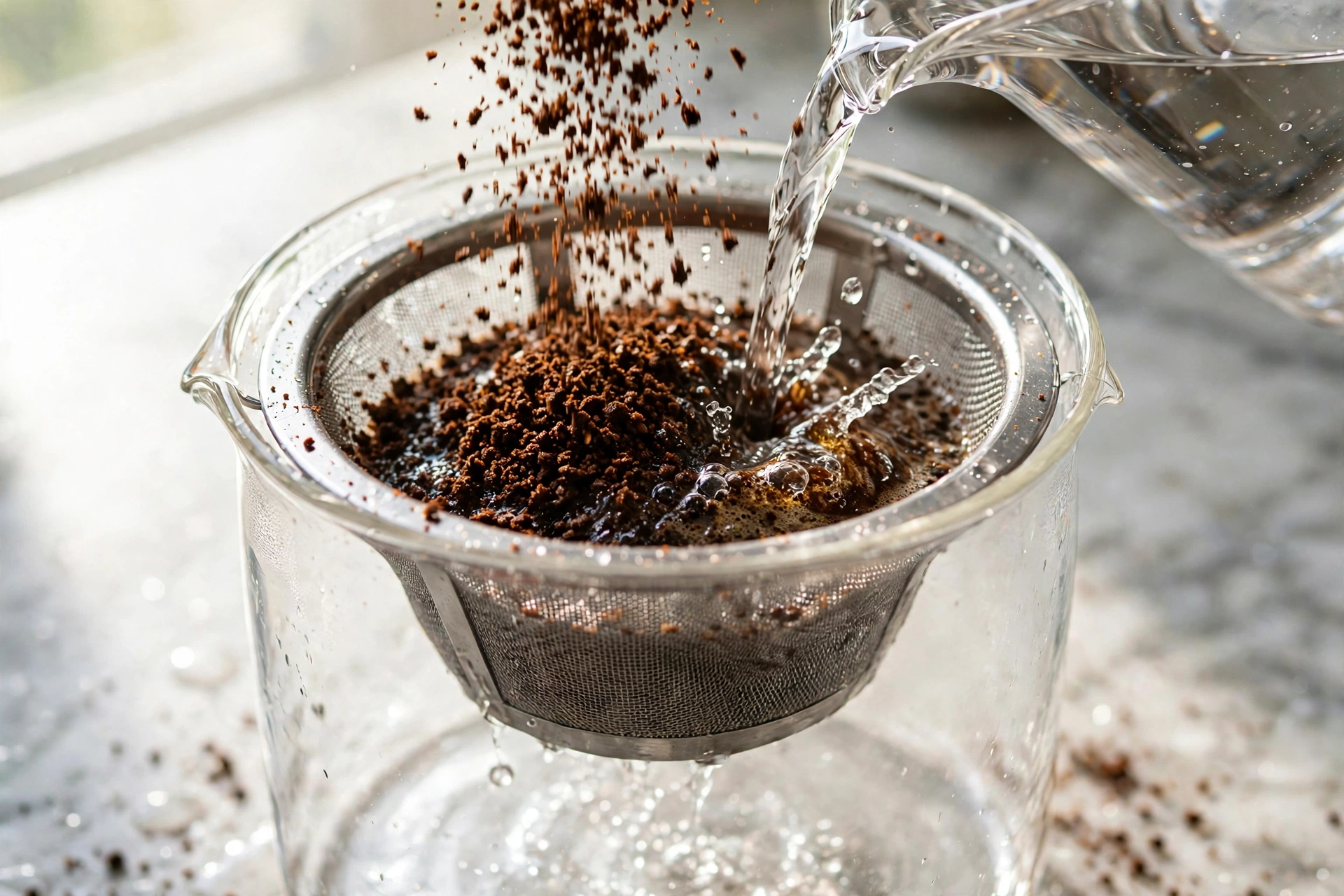 Coarse coffee grounds being poured into the mesh filter of a glass cold brew coffee maker, from the best cold brew coffee maker picks guide