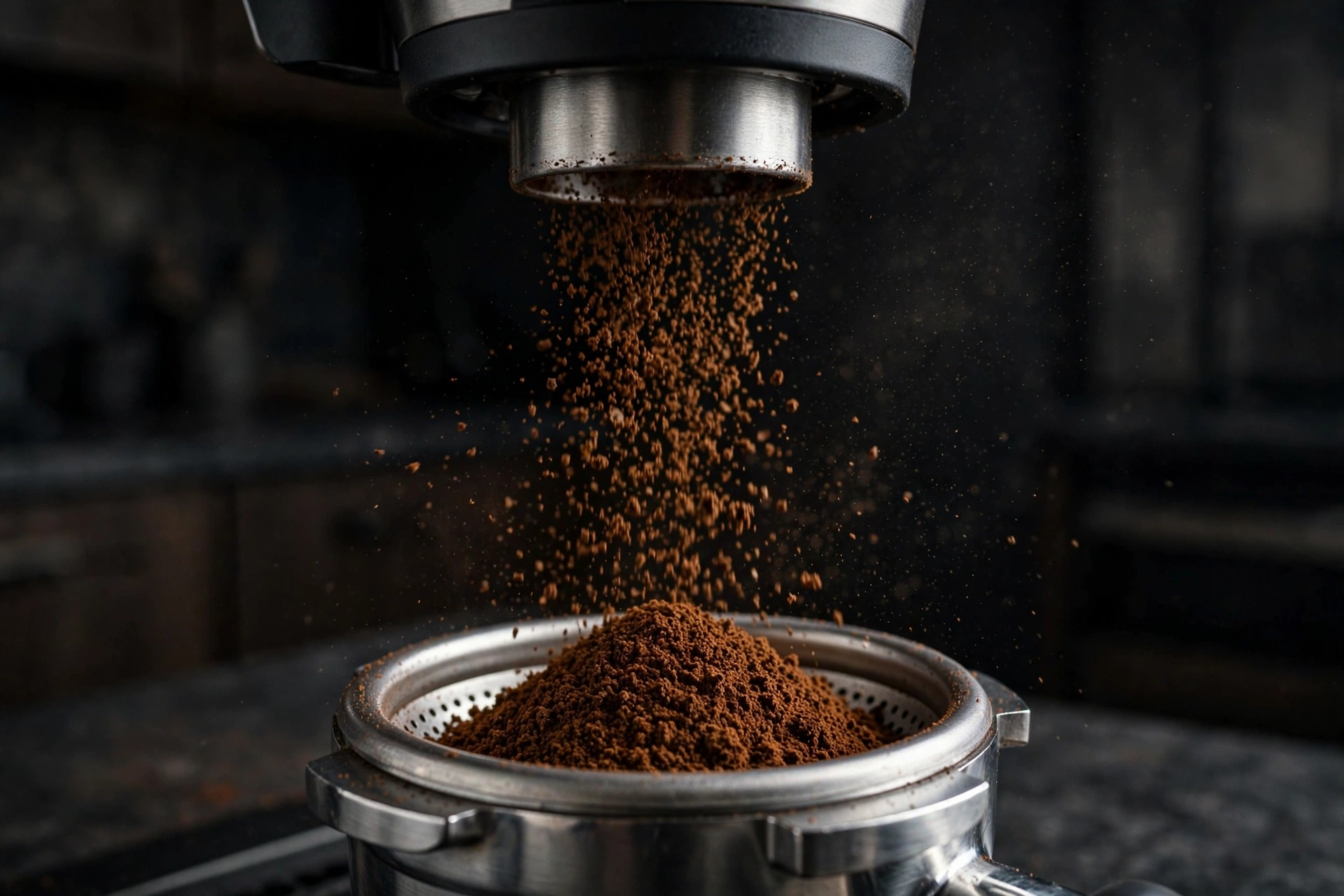 Freshly ground espresso falling from the best coffee grinder into a portafilter basket