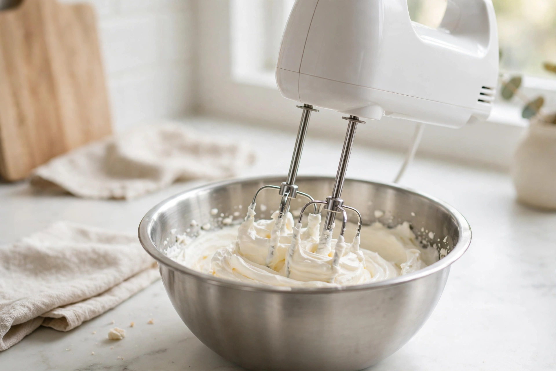 Best hand mixer whipping cream to soft peaks in a stainless steel bowl