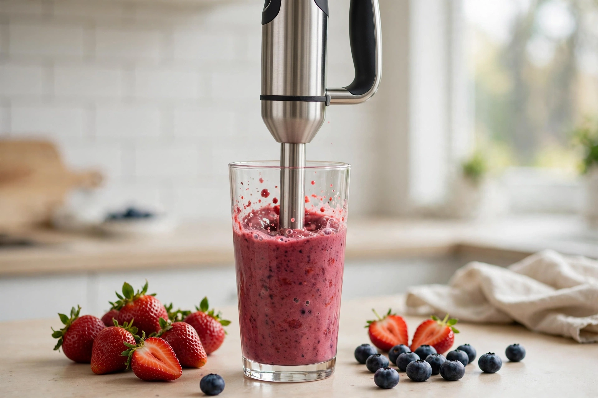 Best immersion blender blending a berry smoothie in a tall glass on a kitchen counter