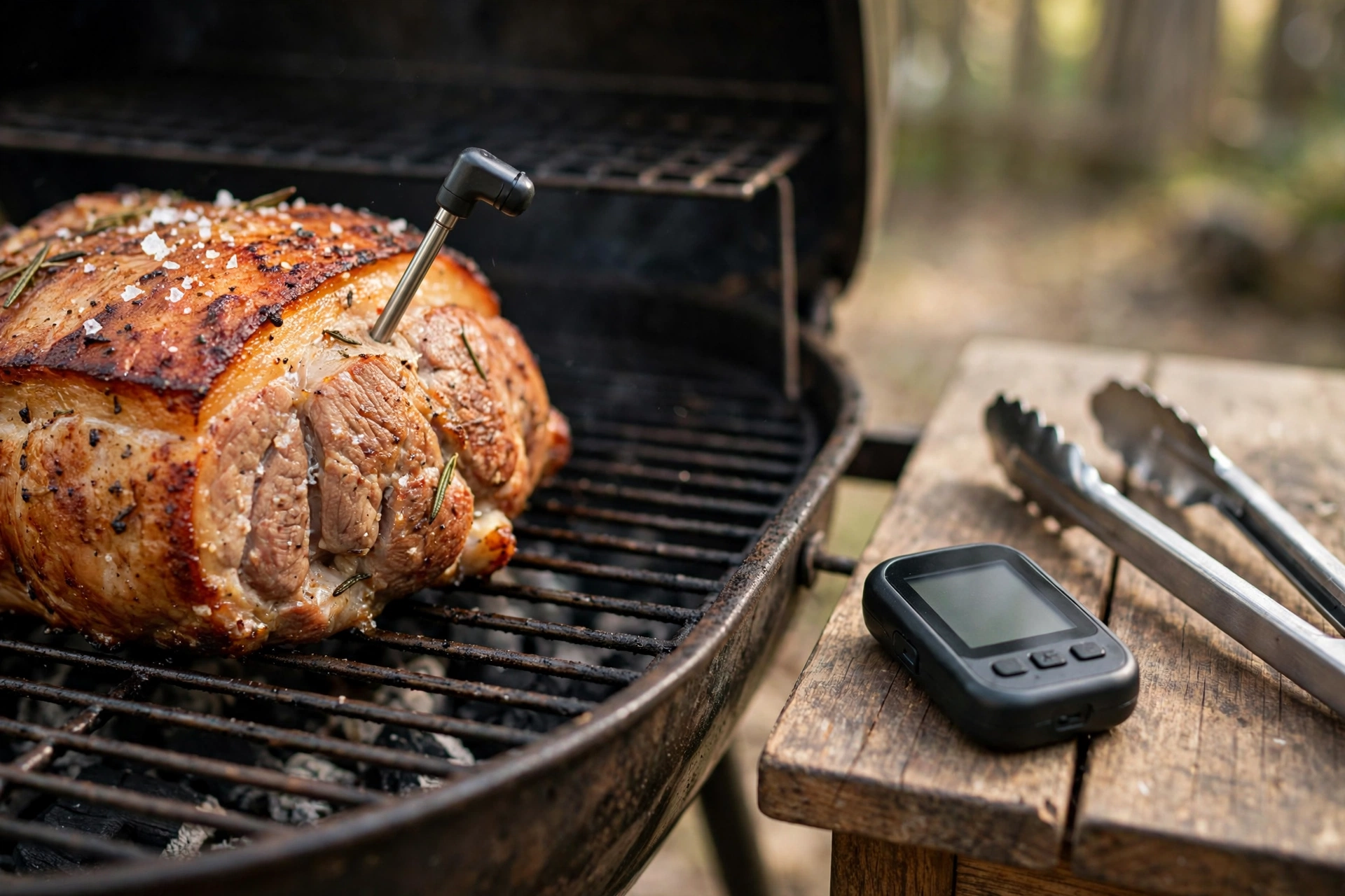 Best meat thermometer probe in a roast on a grill with a handheld receiver nearby
