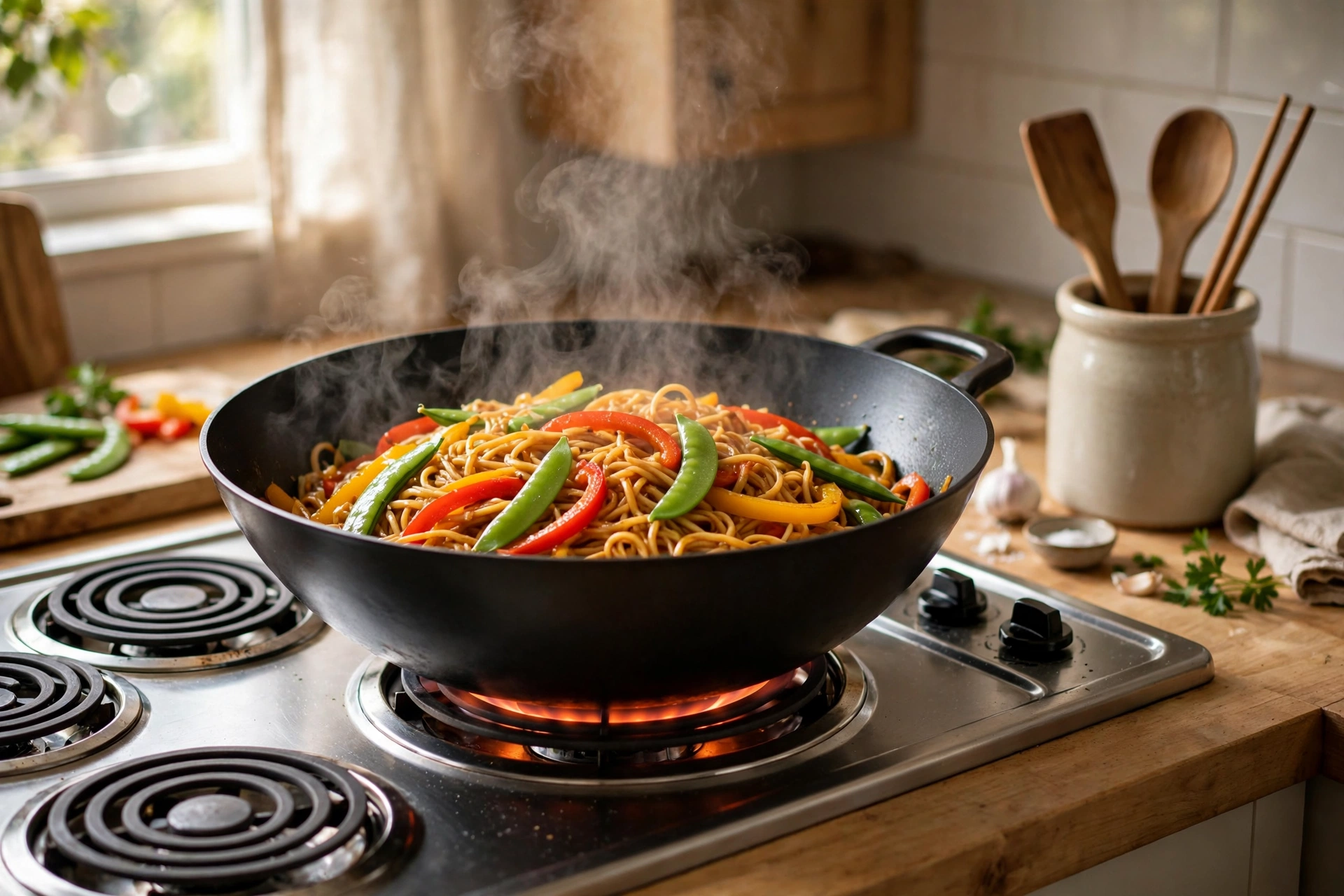 Nonstick wok with noodles and vegetables cooking on an electric coil stove