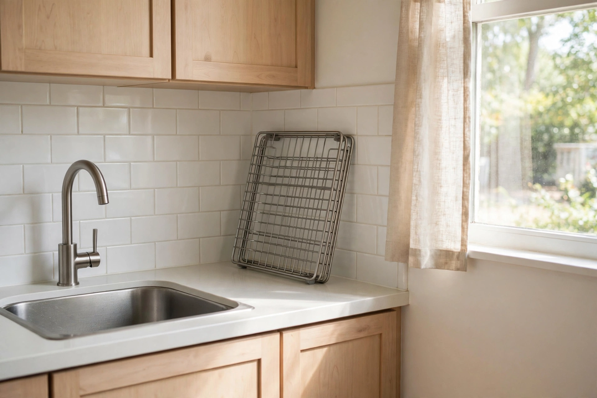 best dish drying racks folded flat beside a kitchen sink