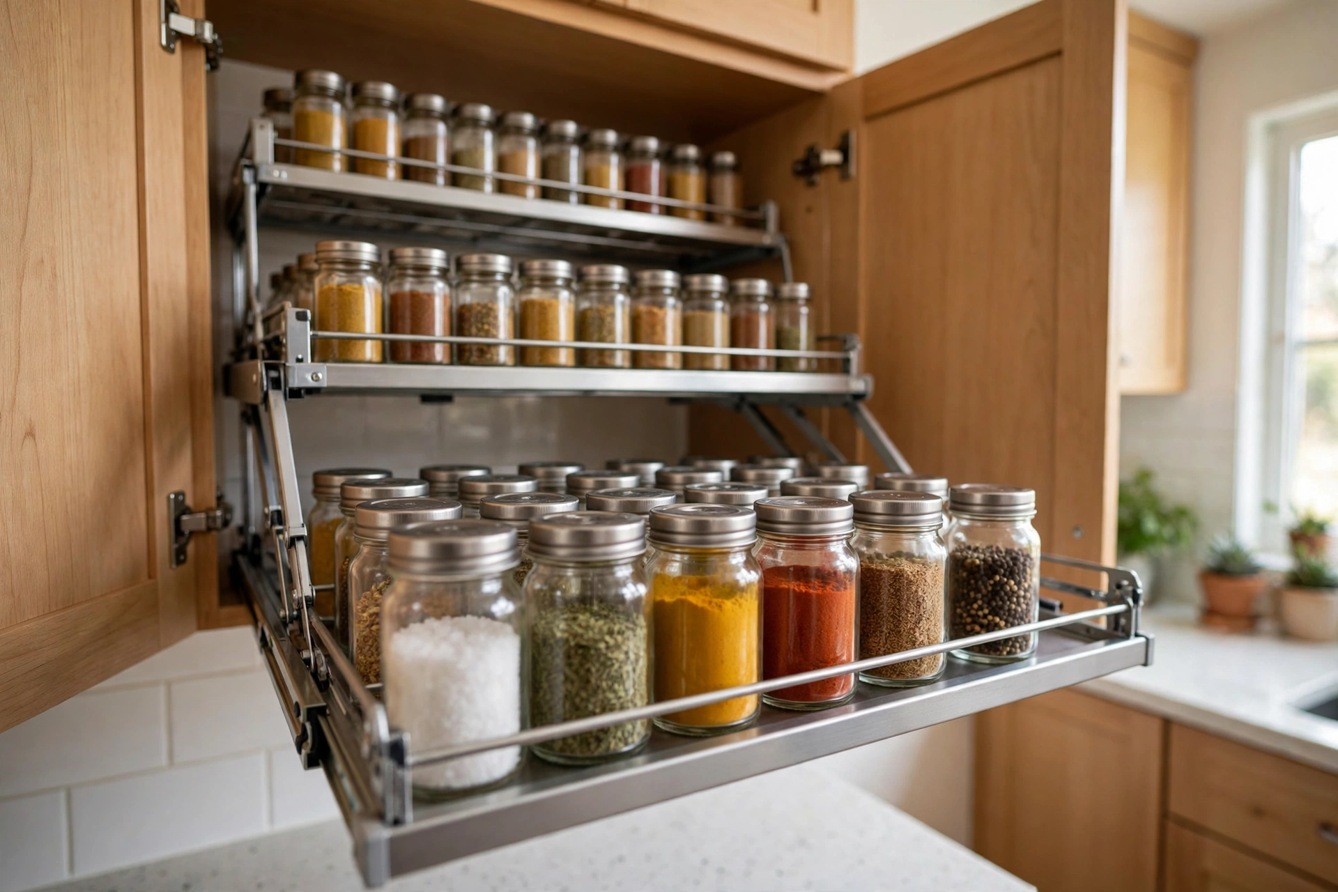 Best spice rack organizer: pull-down rack with spice jars gliding out of an open kitchen cabinet