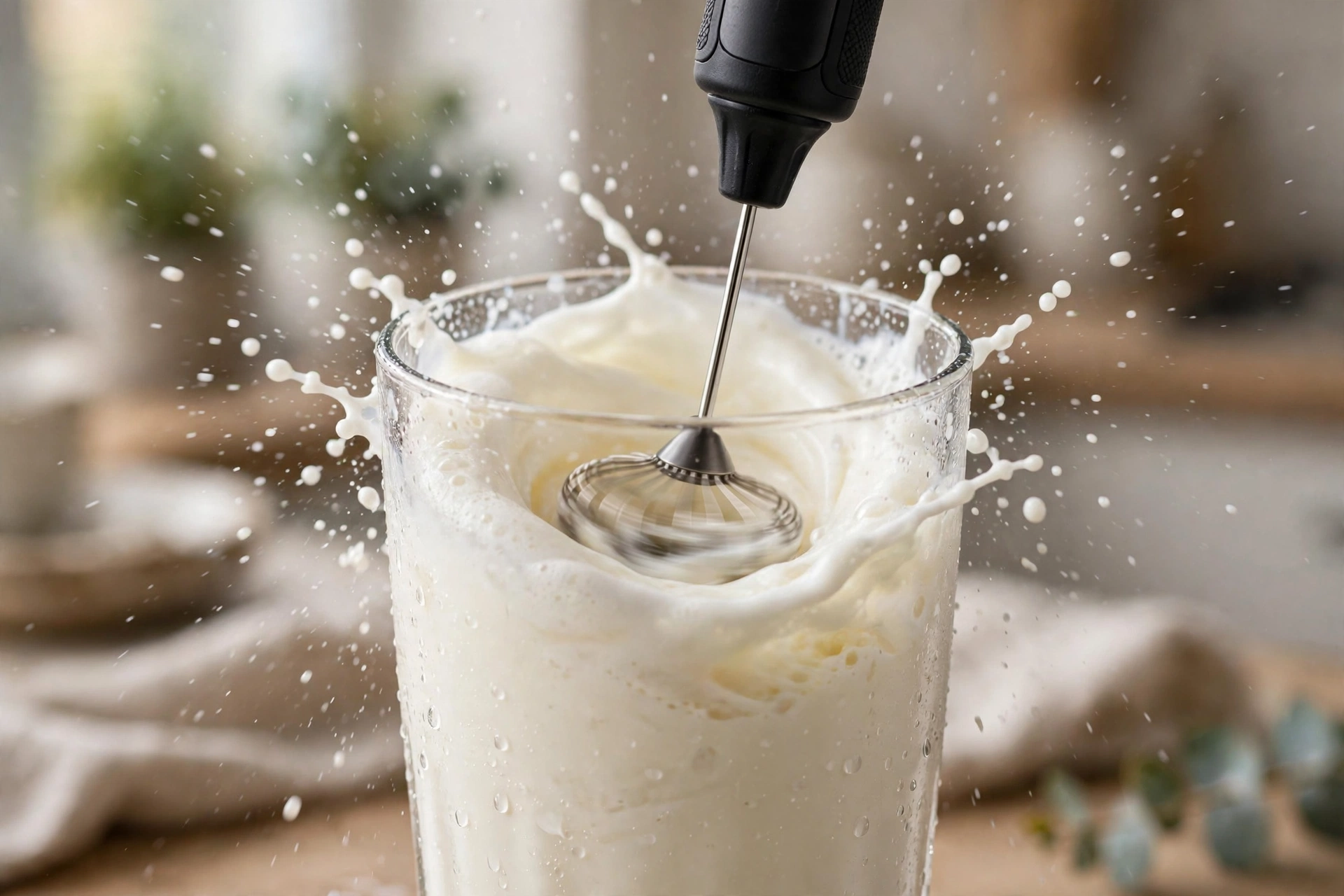 Handheld best milk frother whisk creating a creamy foam whirlpool in a glass of milk