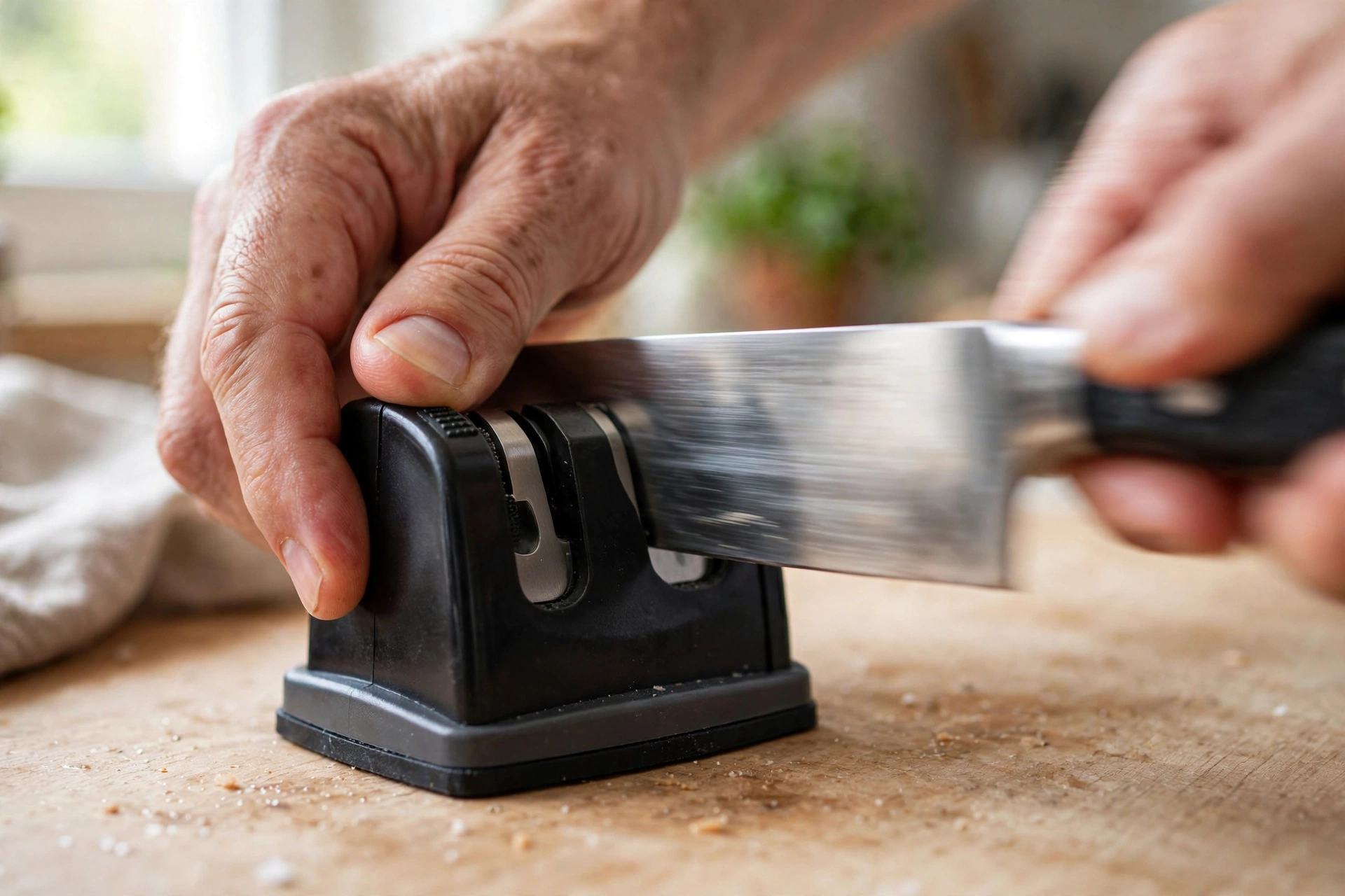 Hands using a manual best knife sharpener pull-through tool on a chef knife on a kitchen counter.