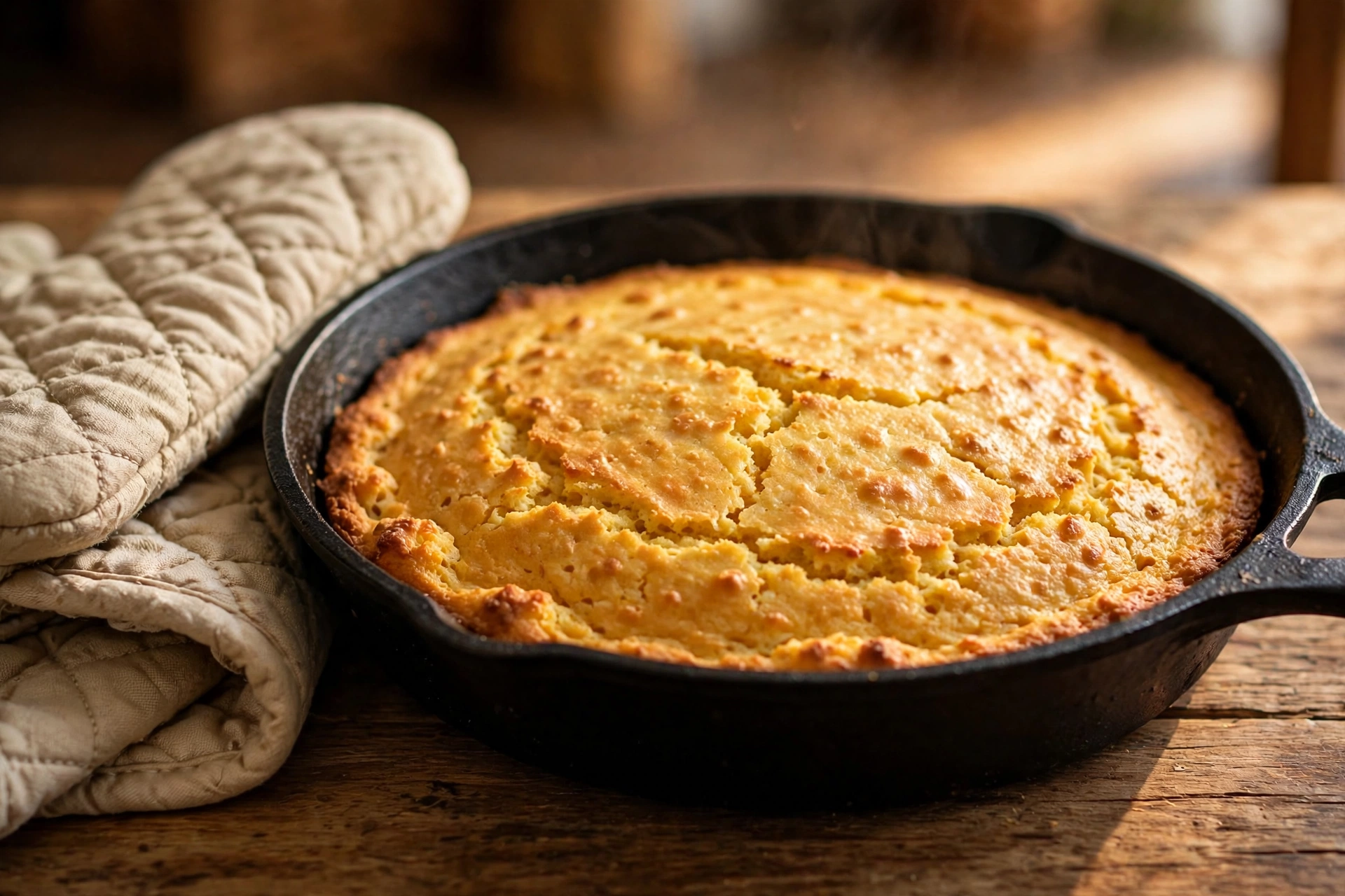 Golden cornbread baking inside a pre-seasoned best cast iron skillet