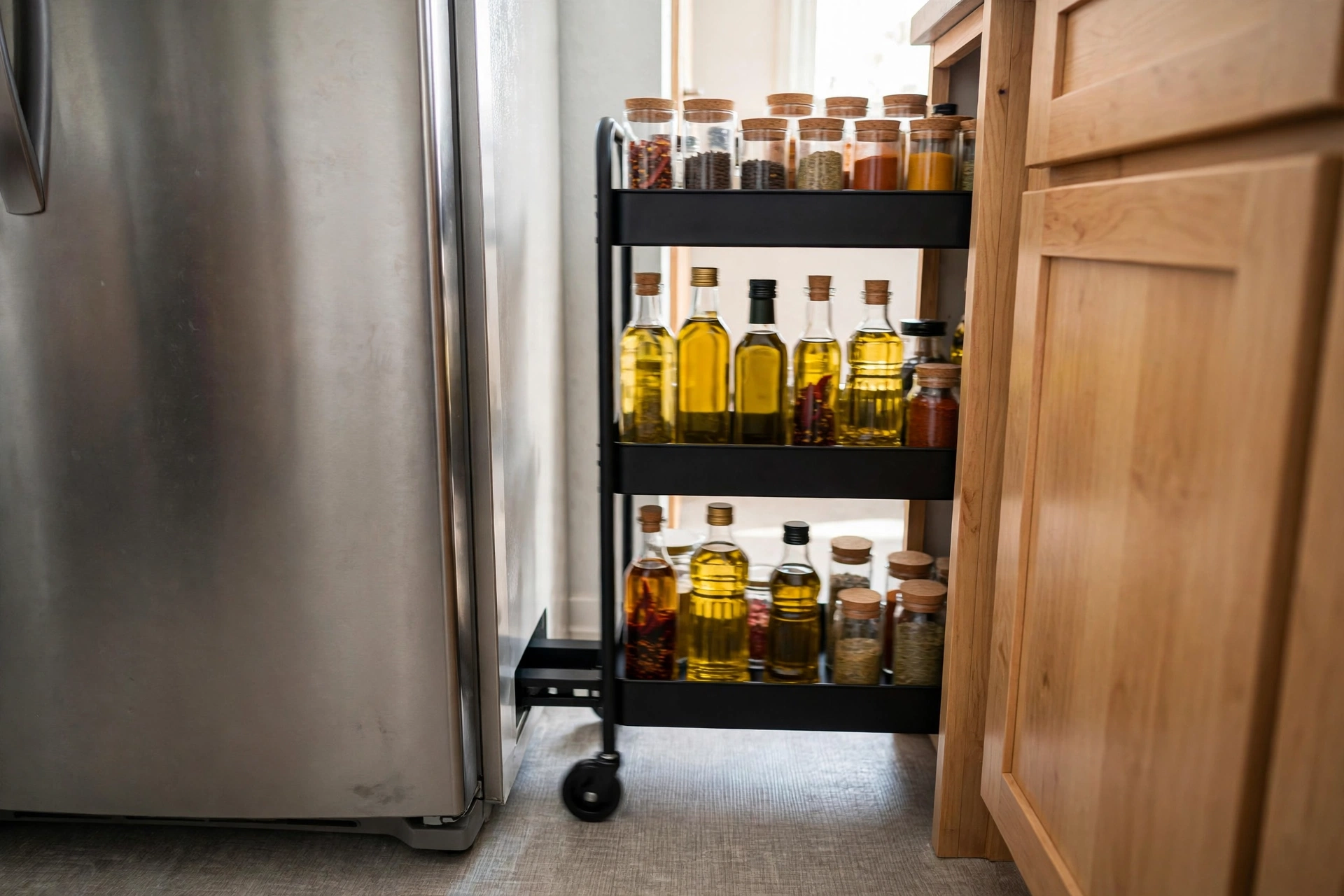 Slim three-tier rolling cart from our best kitchen storage picks sliding into a narrow gap beside the fridge