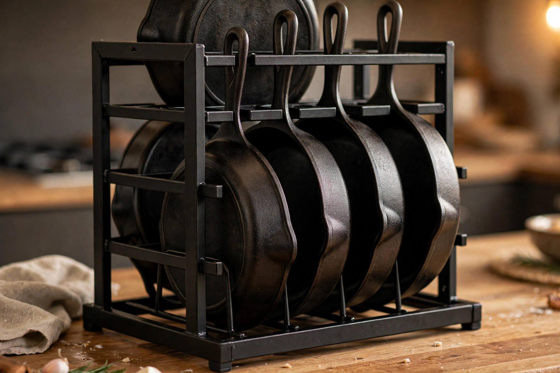Heavy-duty 5-tier rack from the best pan organizer picks for clutter-free cabinets holding cast iron skillets