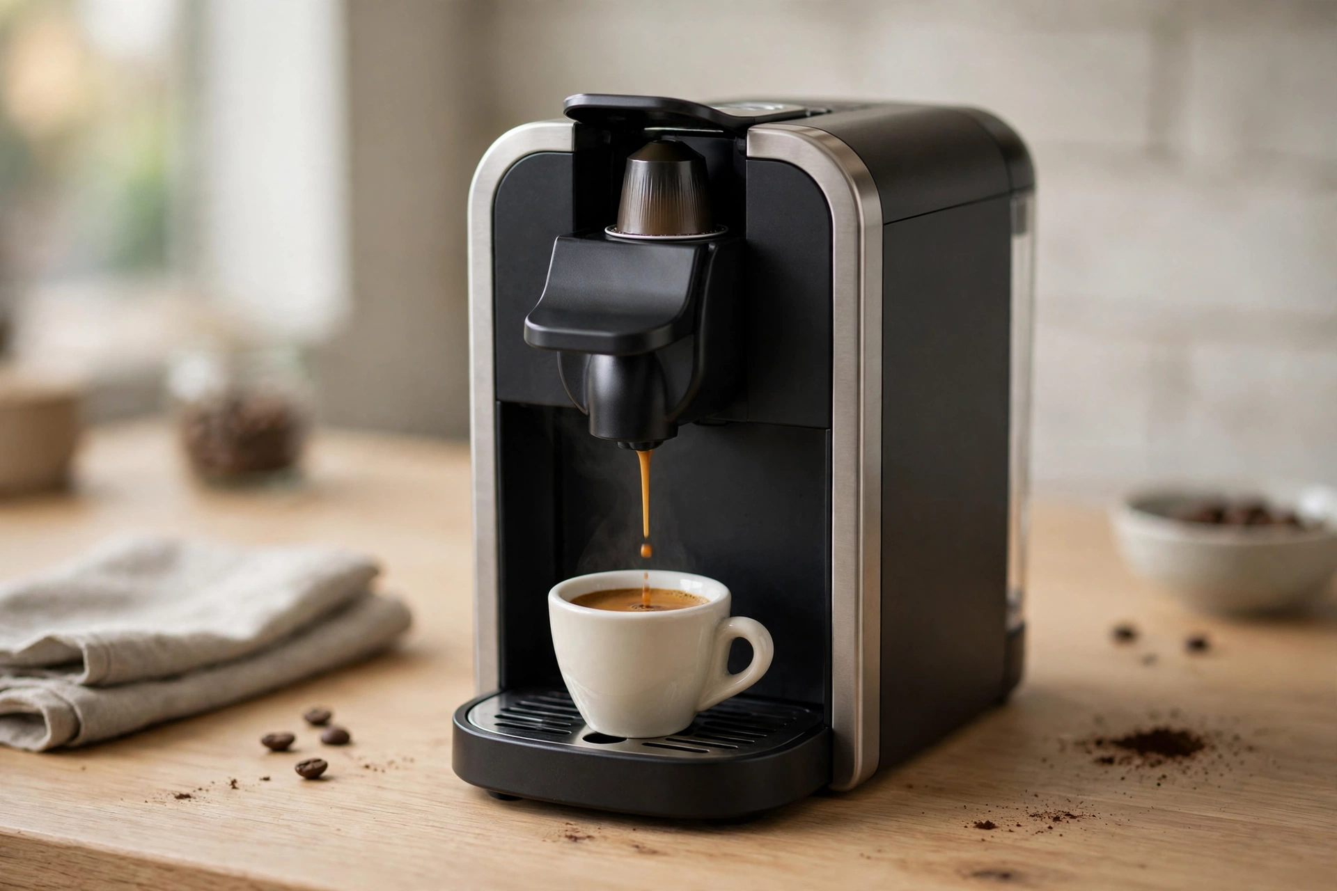 Best compact coffee maker picks: compact espresso capsule machine making a small espresso shot