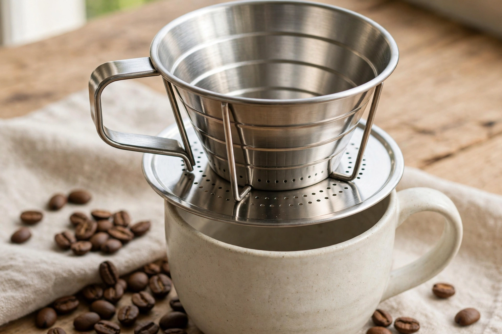 Best pour-over coffee dripper picks for beginners: stainless steel flat-bottom pour-over dripper on a mug beside coffee beans