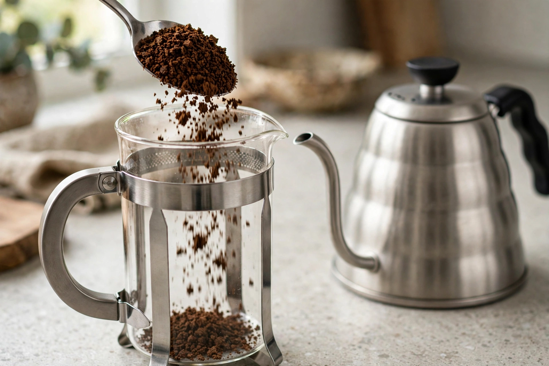 Coarse coffee grounds being spooned into a glass French press next to a kettle, part of the best French press picks guide