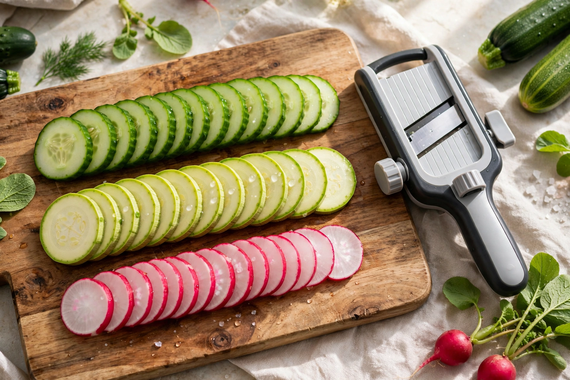 Thinly sliced cucumbers, zucchini and radishes on a cutting board next to a handheld mandoline slicer, one of the best mandoline slicer picks