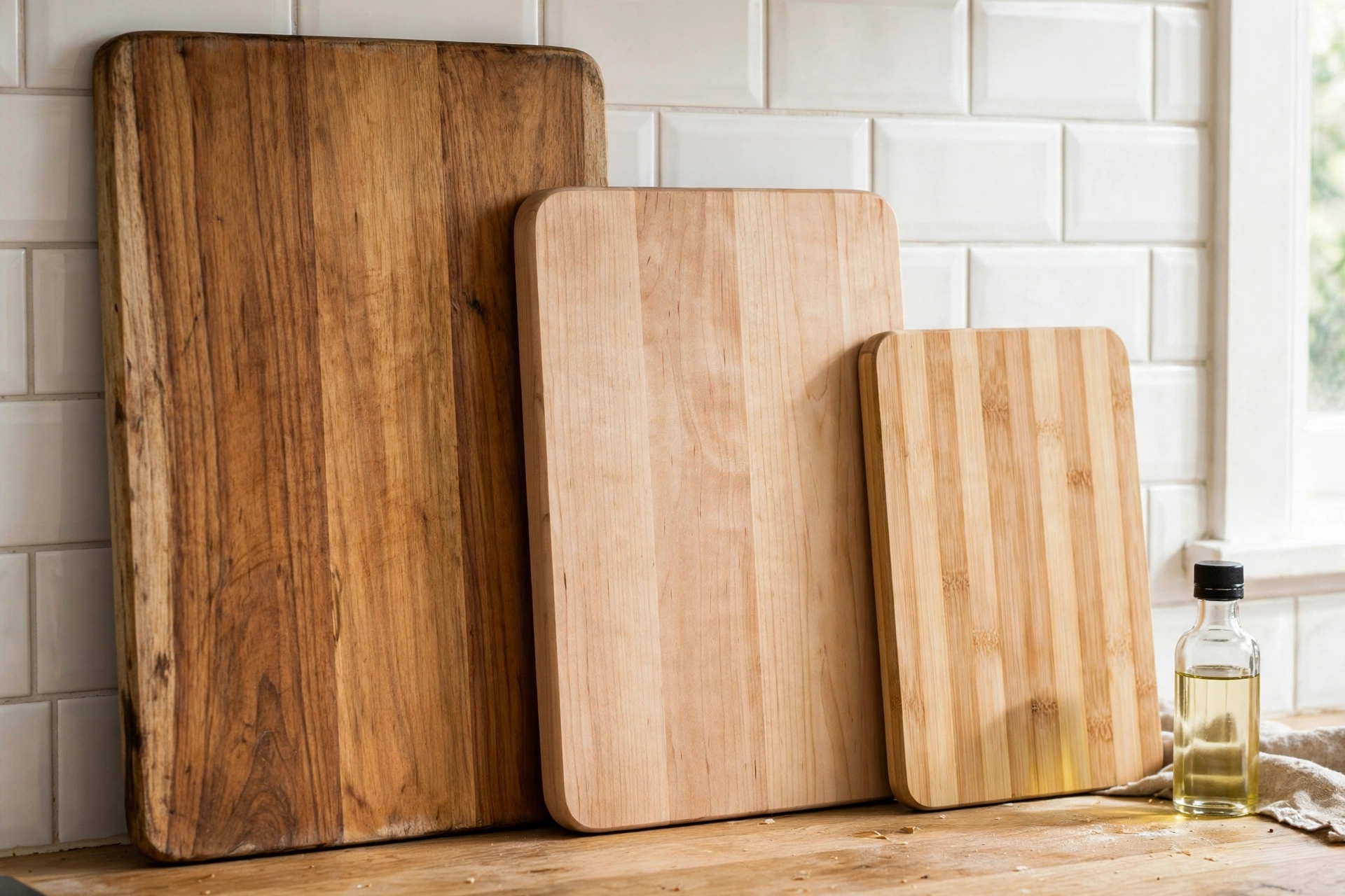 Three wood cutting boards in teak, bamboo and maple leaning against a kitchen backsplash, part of the best cutting board picks roundup