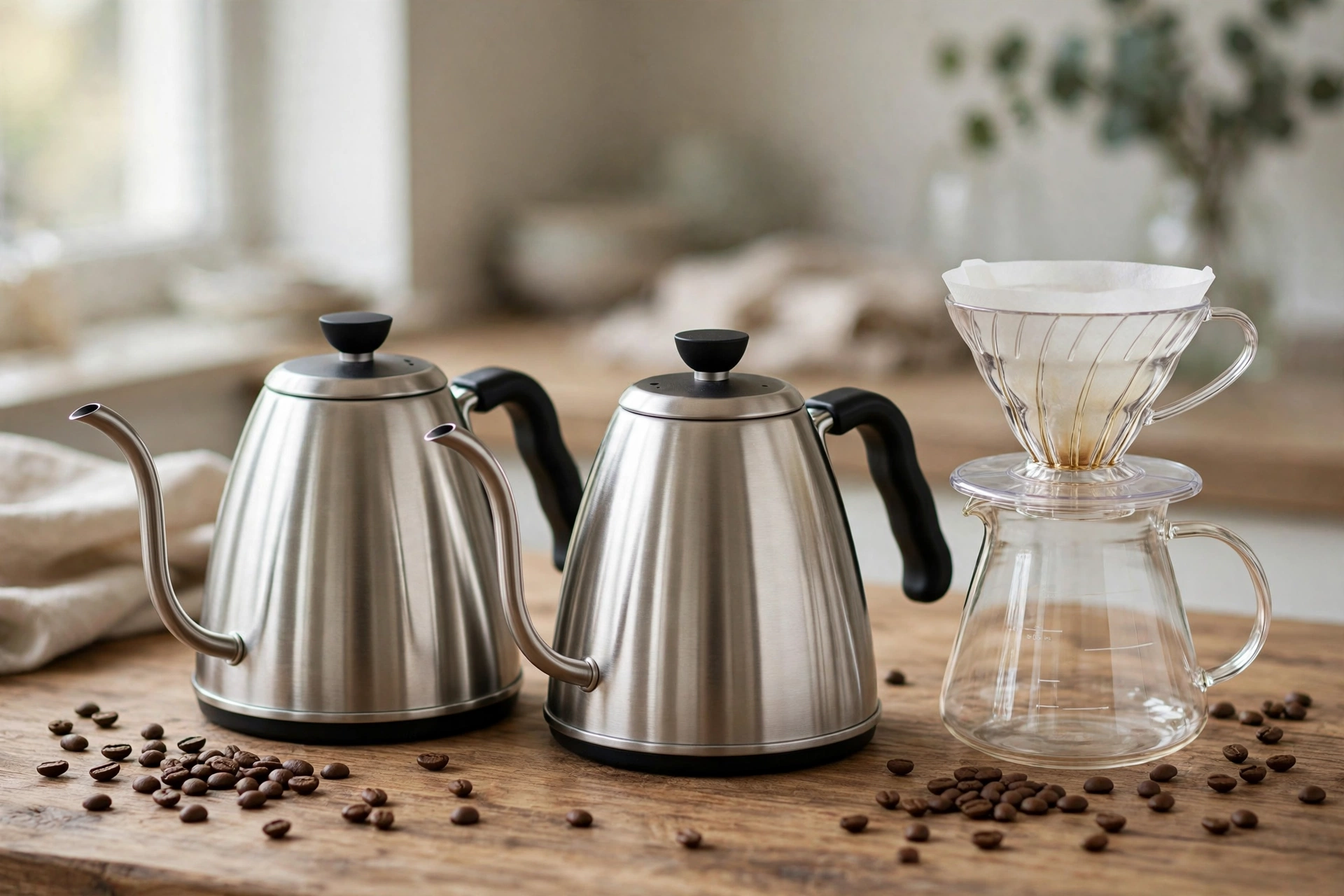 Two gooseneck kettles side by side with a pour over set and coffee beans on a wooden kitchen counter, part of the best gooseneck kettle picks roundup