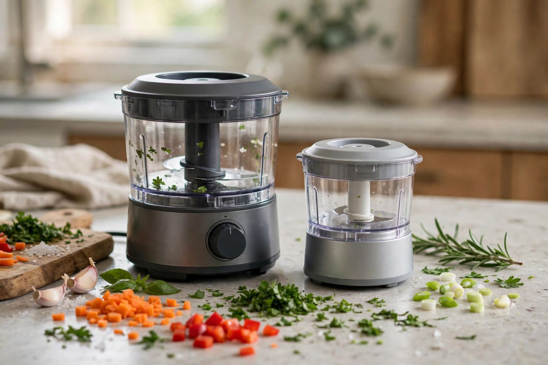 Two mini food processors in different sizes on a kitchen counter with chopped vegetables, part of the best mini food processor picks roundup