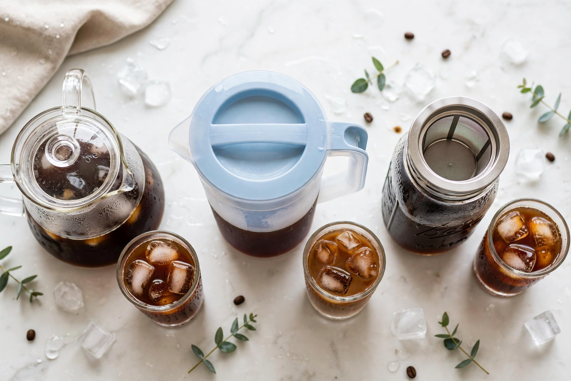 Three different cold brew coffee makers on a kitchen counter with glasses of iced coffee, part of the best cold brew coffee maker picks roundup