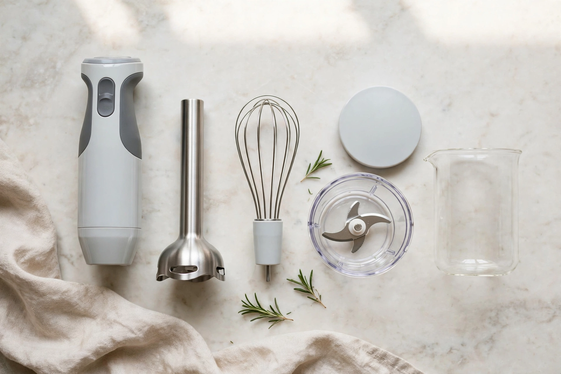 Immersion blender with whisk, chopper bowl, and measuring beaker arranged on a counter