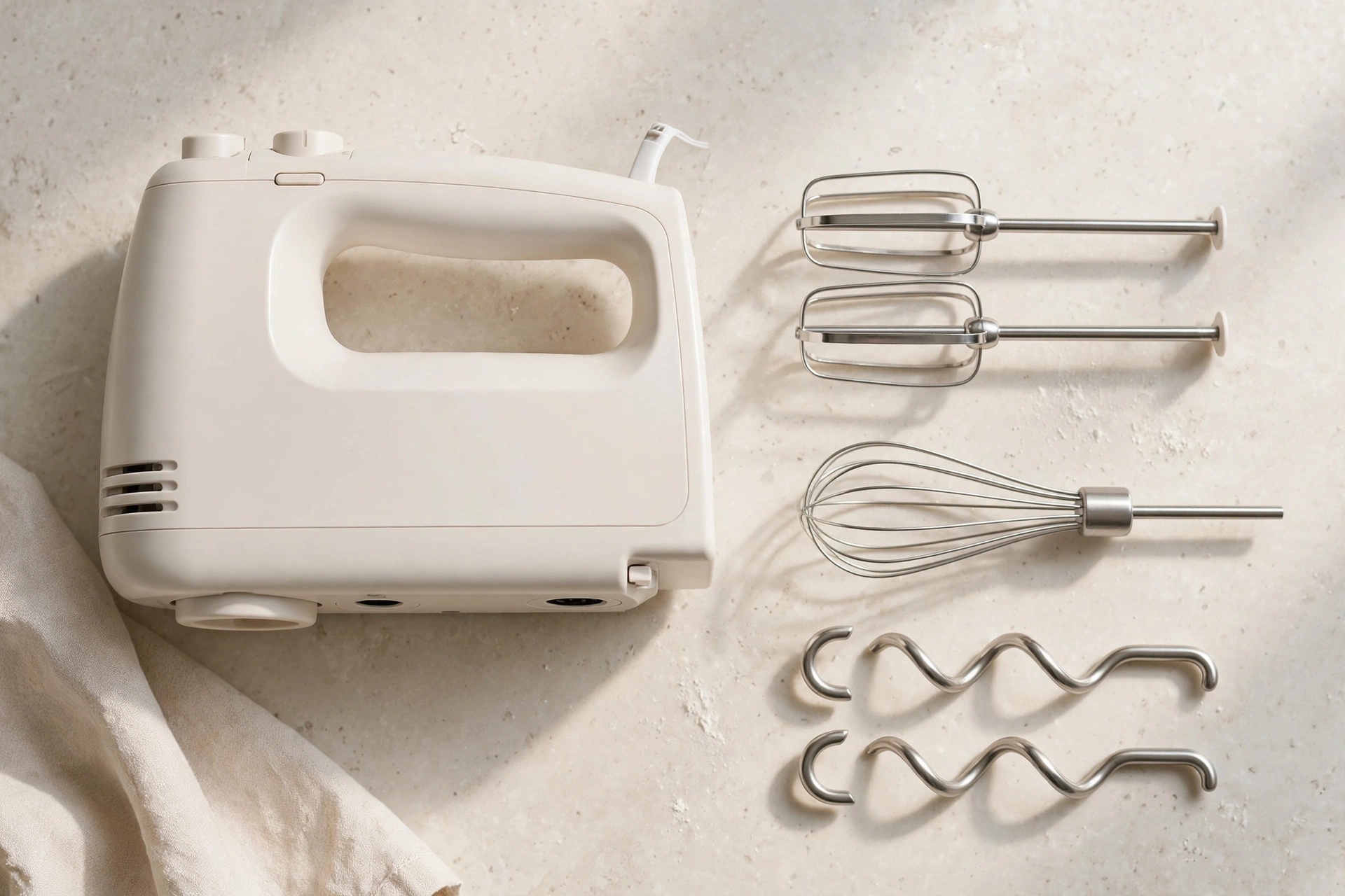 Best hand mixer with beaters, whisk, and dough hooks arranged on a counter